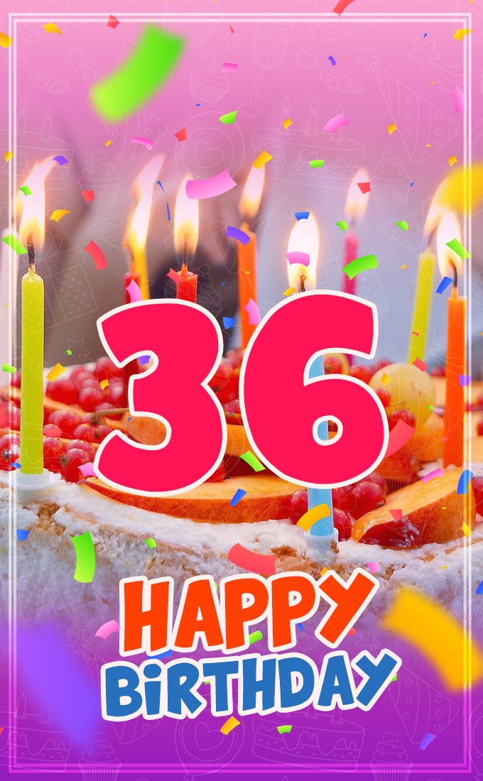 Happy 36th Birthday Image with cake and candles (tall rectangle shape picture)