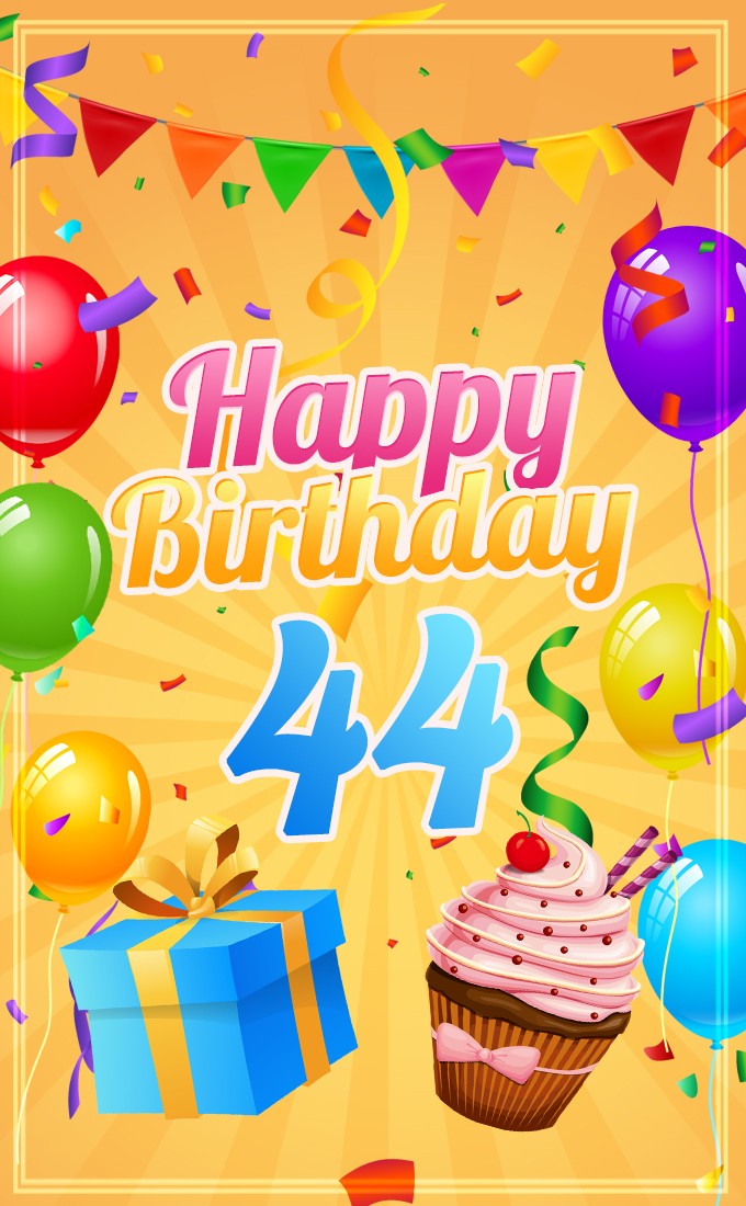 Happy 44th Birthday image with cupcake and gift box (tall rectangle shape picture)