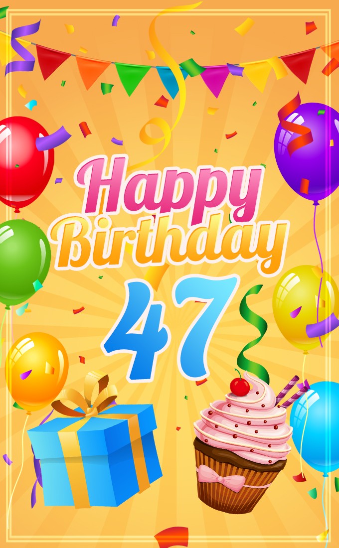 Happy 47th Birthday Picture with cartoon cupcake and gift box (tall rectangle shape picture)