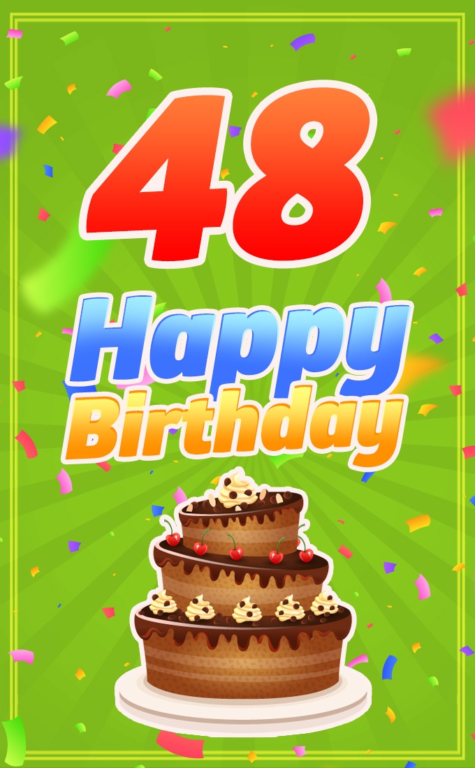 Happy 48th Birthday image with cartoon chocolate cake (tall rectangle shape picture)