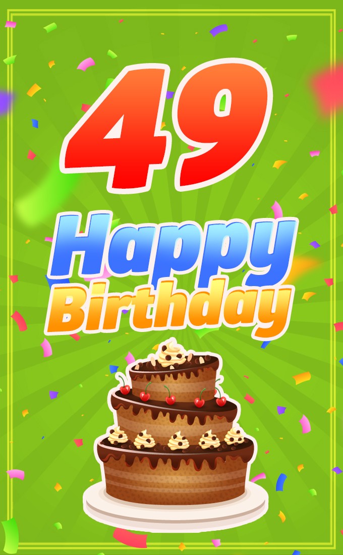 Happy 49th Birthday image with cartoon chocolate cake (tall rectangle shape picture)