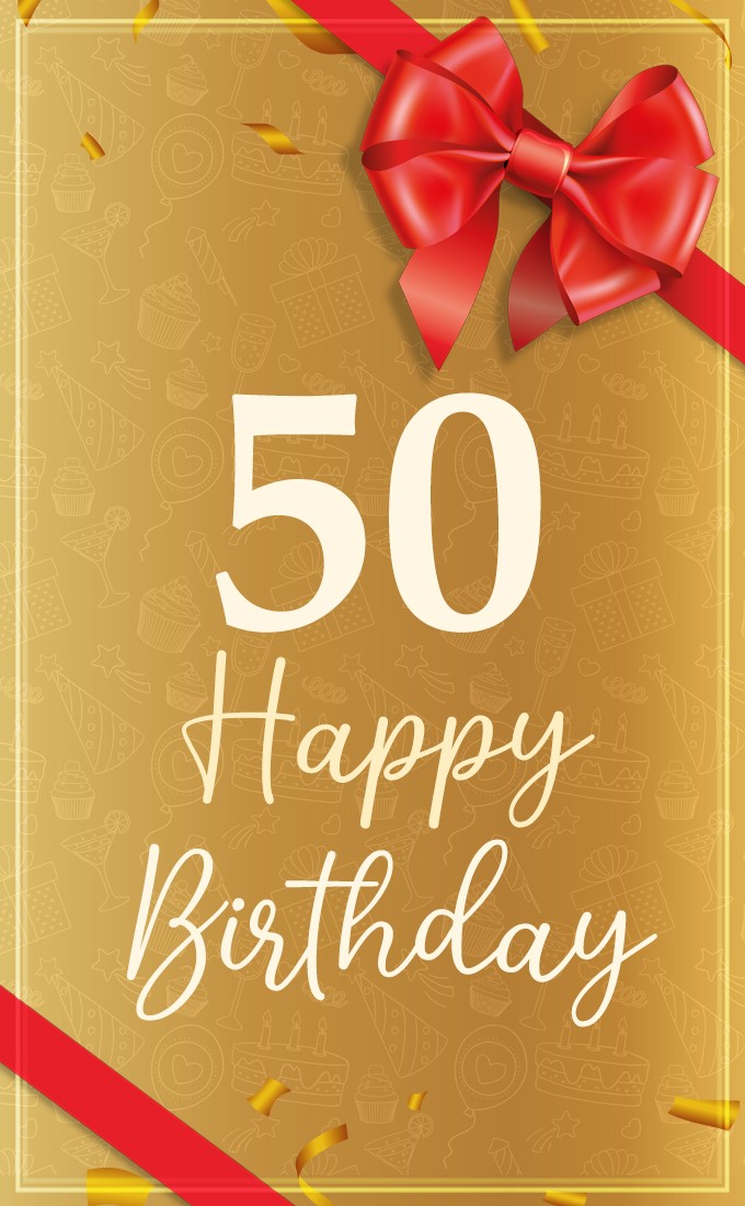 Happy 50th Birthday image with red bow and ribbon (tall rectangle shape picture)