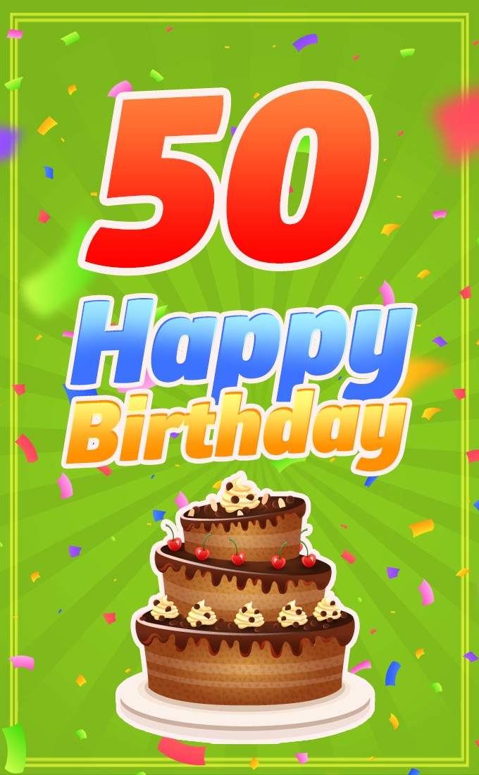 Happy 50th Birthday Greeting Card with cartoon chocolate cake (tall rectangle shape picture)