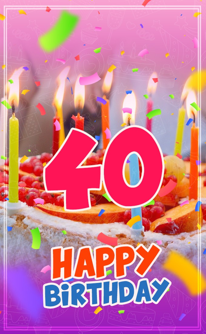 Happy 40th Birthday Image with cake and candles (tall rectangle shape picture)