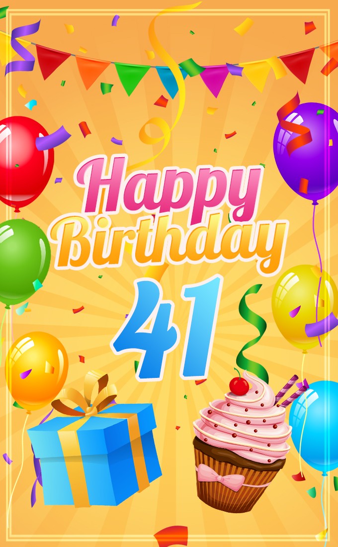 Happy 41st Birthday Picture with cupcake and gift box on the bright yellow background (tall rectangle shape picture)