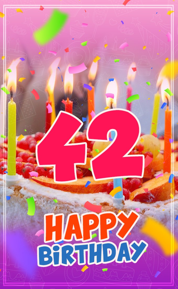 Happy 42nd Birthday Greeting Card with cake and candles (tall rectangle shape picture)