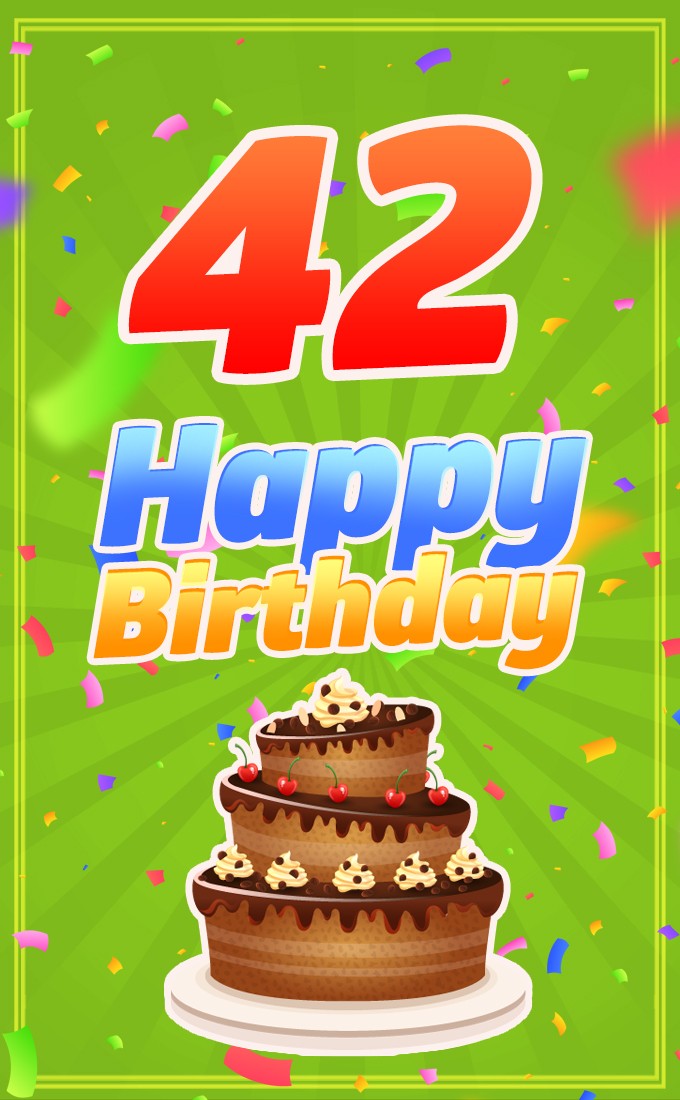 Happy 42nd Birthday Image with cartoon chocolate cake (tall rectangle shape picture)