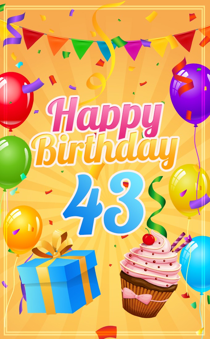 Happy 43rd Birthday image with cupcake and gift box (tall rectangle shape picture)