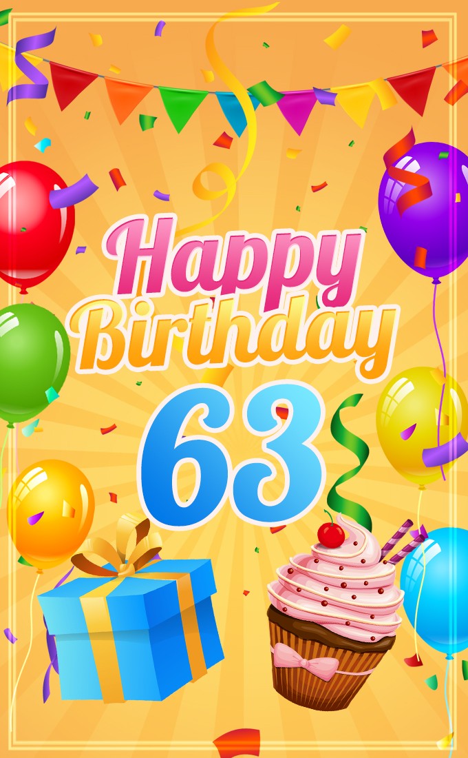 Happy 63rd Birthday picture with cupcake and gift box (tall rectangle shape picture)