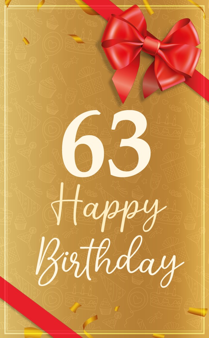 Happy 63rd Birthday image with red bow and ribbon (tall rectangle shape picture)