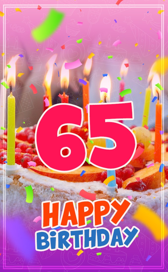 Happy 65th Birthday beautiful image with cake and candles (tall rectangle shape picture)