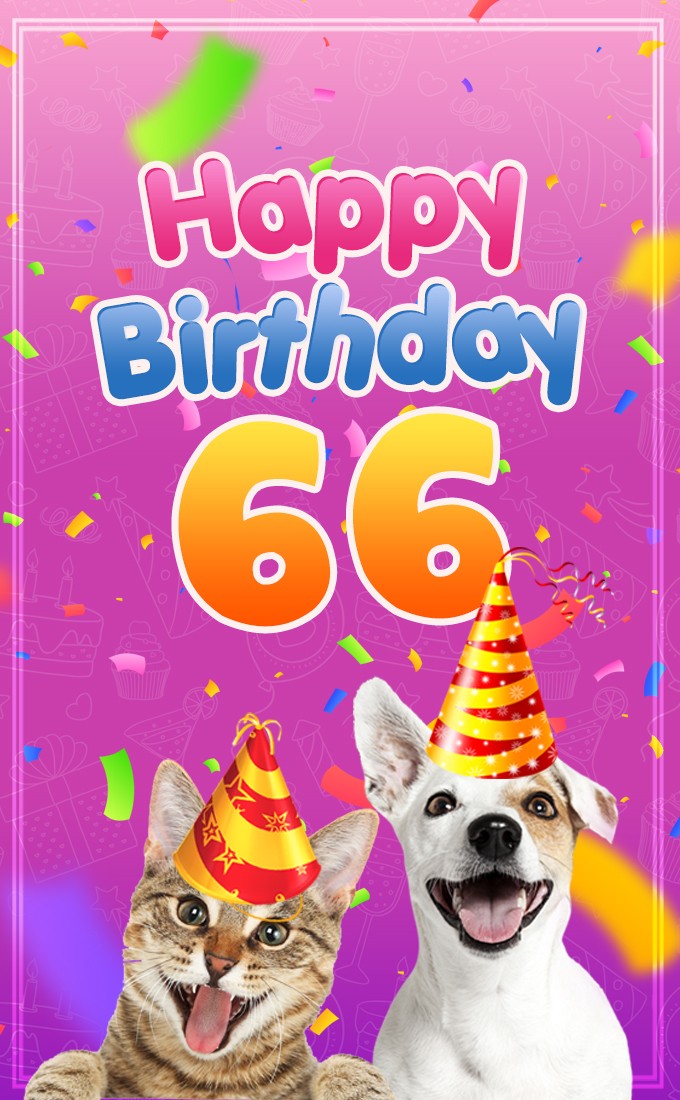 Happy 66th Birthday funny image with cat and dog (tall rectangle shape picture)