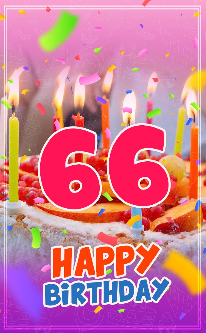 Happy 66th Birthday image with cake and candles (tall rectangle shape picture)