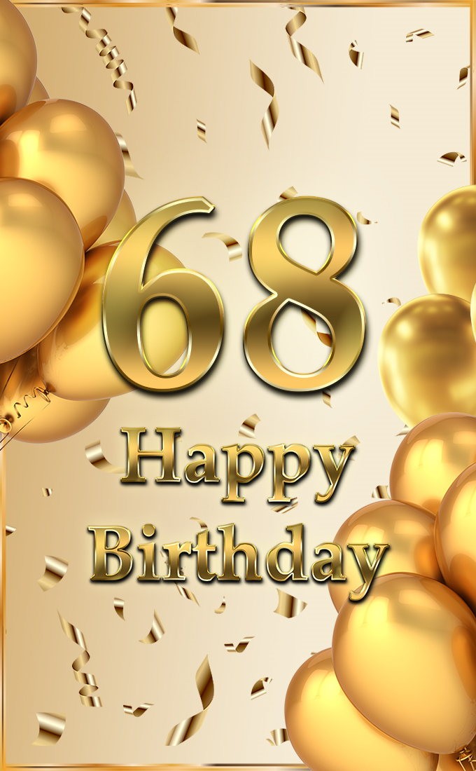 Happy 68th Birthday image with golden number and confetti (tall rectangle shape picture)