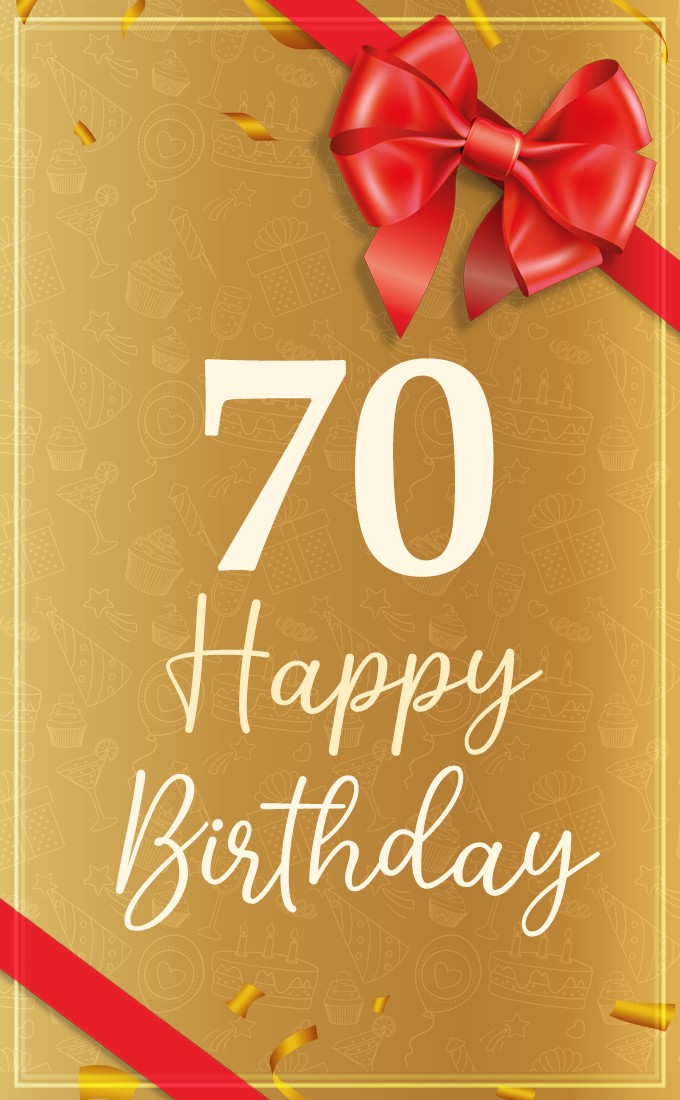 Happy 70th Birthday picture with red bow and ribbon (tall rectangle shape picture)