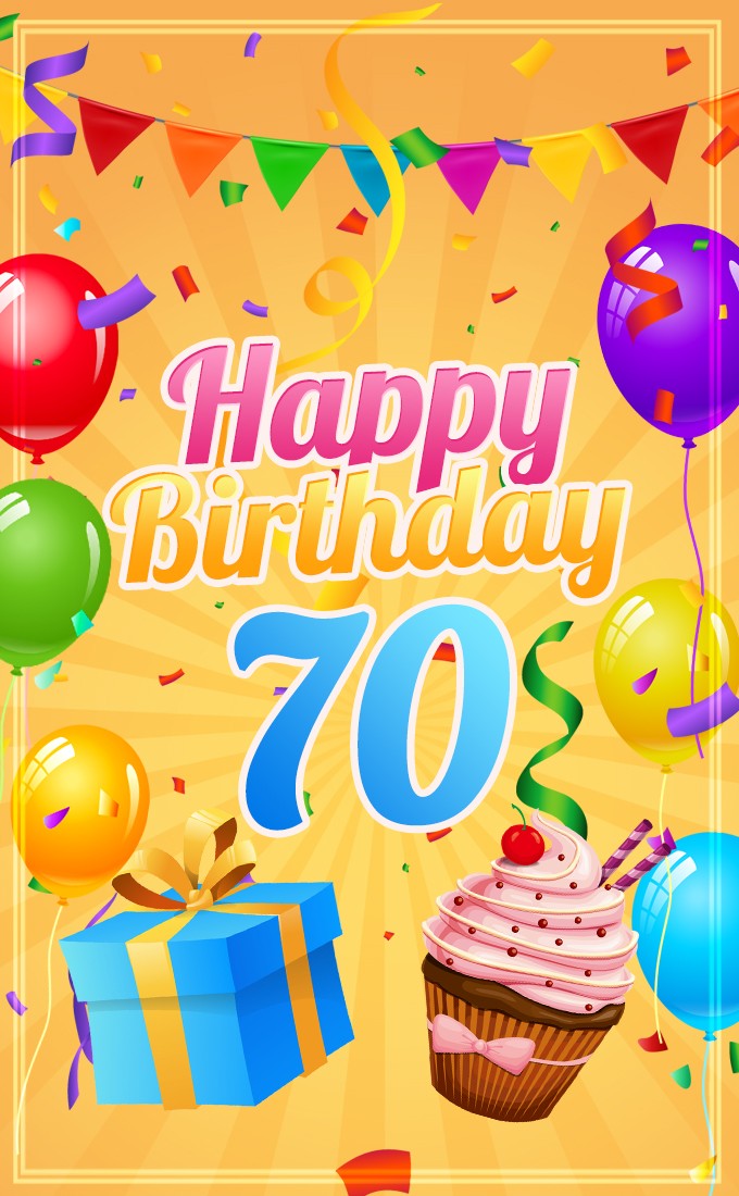 Happy 70th Birthday image with cupcake and gift box (tall rectangle shape picture)