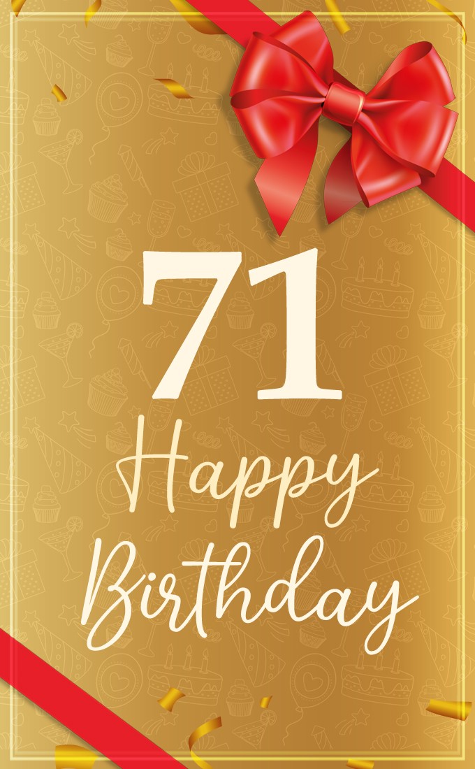 Happy 71st Birthday image with red bow and ribbon (tall rectangle shape picture)