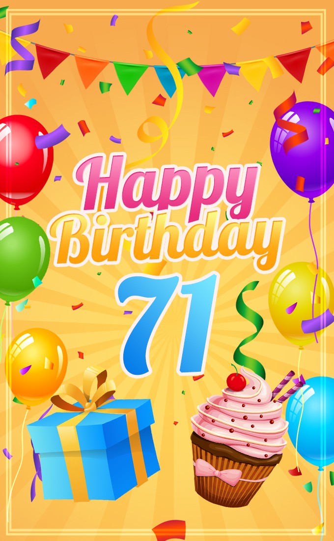 Happy 71st Birthday Greeting Card with cupcake and gift box (tall rectangle shape picture)