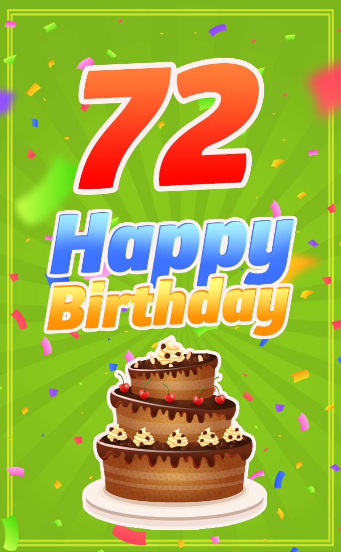 Happy 72nd Birthday Greeting Card with cartoon chocolate cake (tall rectangle shape picture)