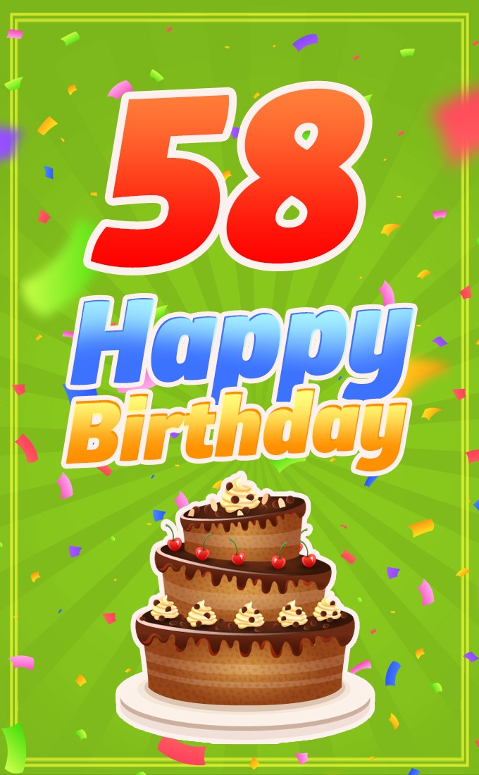 Happy 58th Birthday image with cartoon chocolate cake (tall rectangle shape picture)