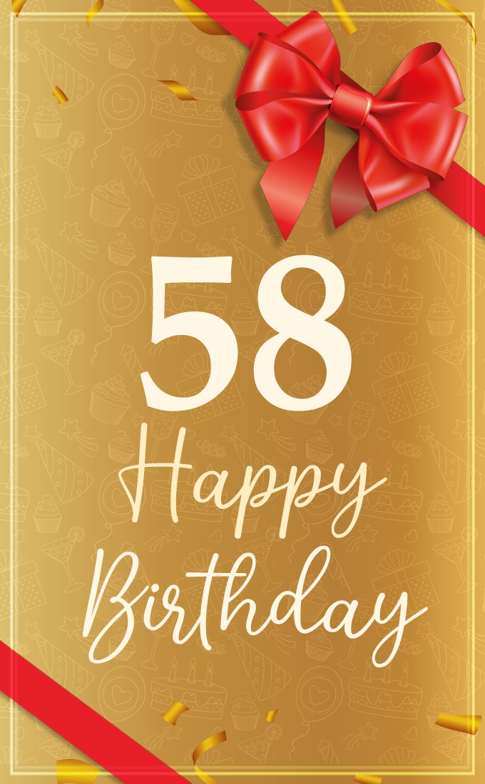 Happy 58th Birthday greting card with red bow and ribbon (tall rectangle shape picture)