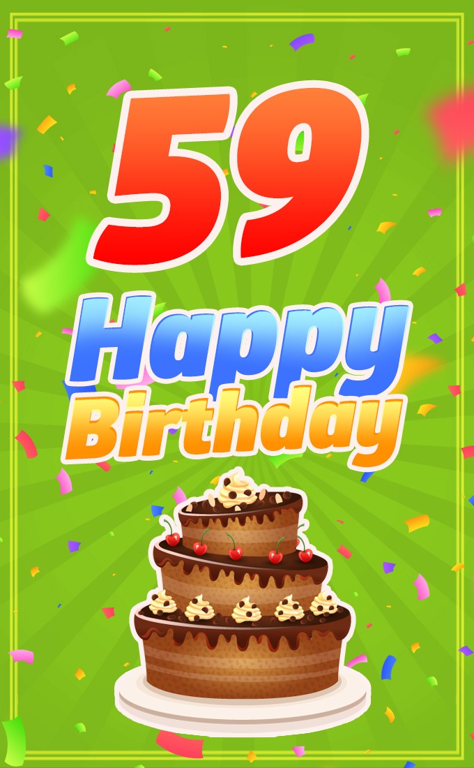 Happy 59th Birthday picture with cartoon chocolate cake (tall rectangle shape picture)