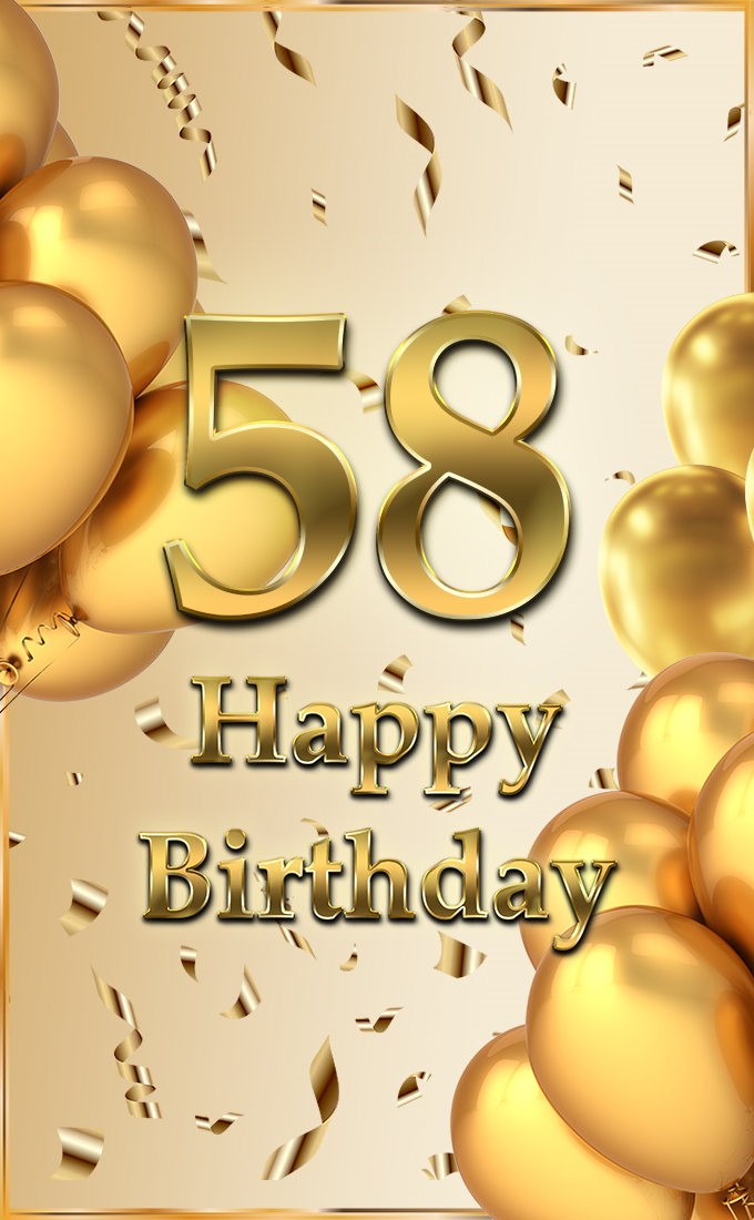 Happy 58th Birthday image with golden number and confetti (tall rectangle shape picture)