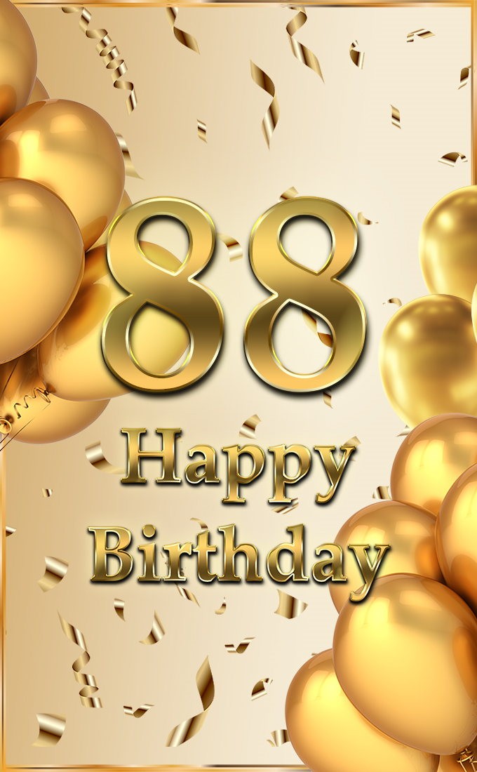 Happy 88th Birthday image with golden number and confetti (tall rectangle shape picture)