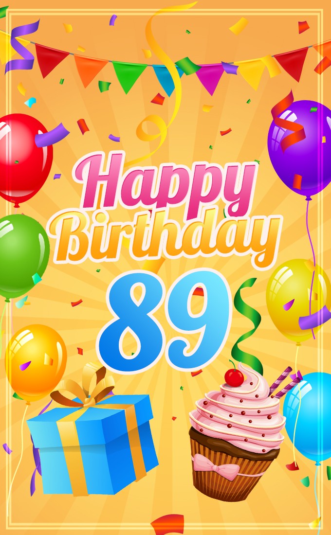 Happy 89th Birthday picture with cupcake and blue gift box (tall rectangle shape picture)