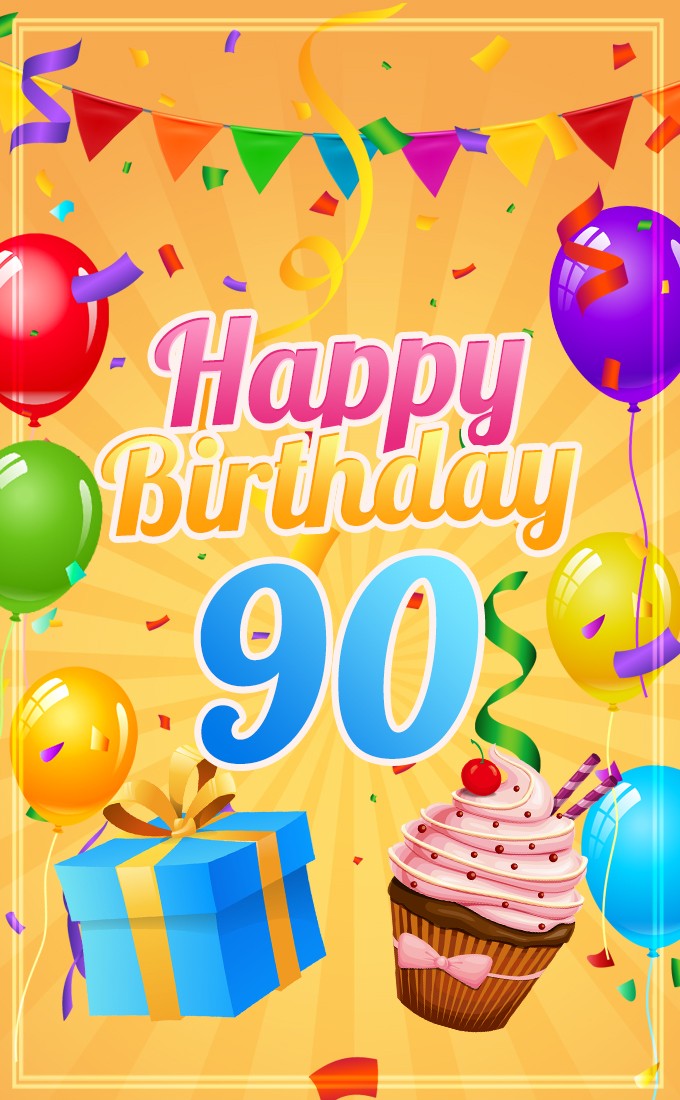 Happy 90th Birthday greeting card with cupcake and gift box (tall rectangle shape picture)