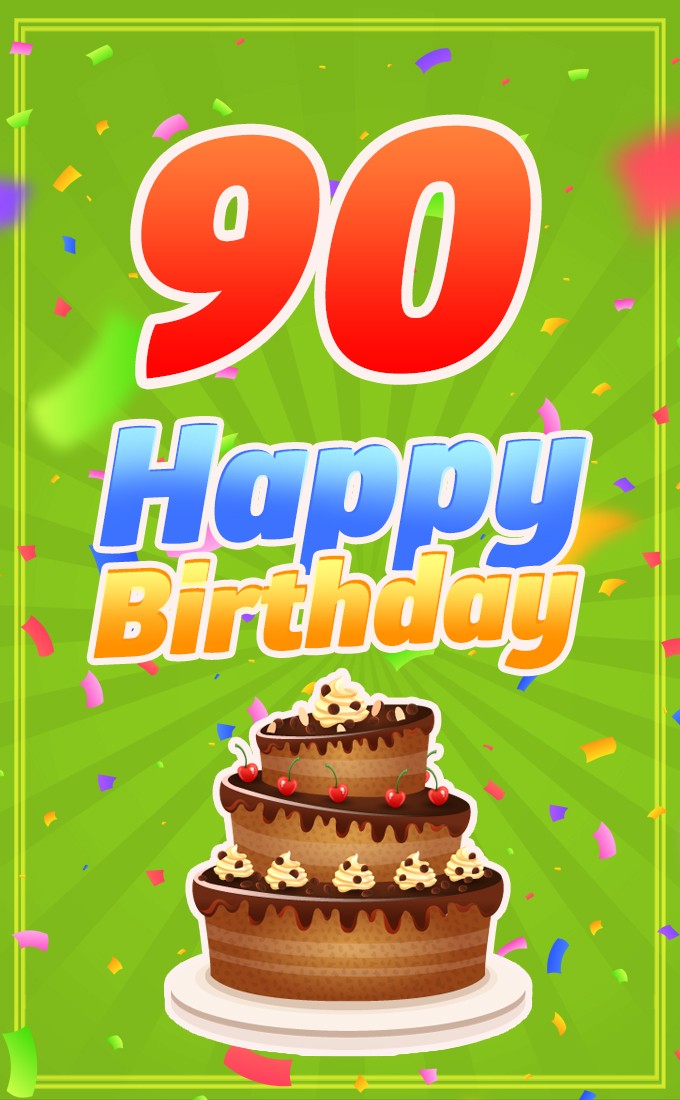 Happy 90th Birthday image with cartoon chocolate cake (tall rectangle shape picture)