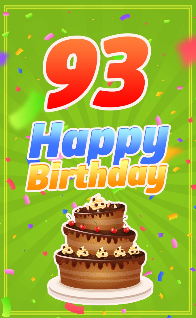 Happy 93rd Birthday picture with cartoon chocolate cake (tall rectangle shape picture)