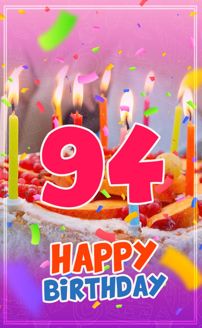 Happy 94th Birthday image with cake and candles (tall rectangle shape picture)