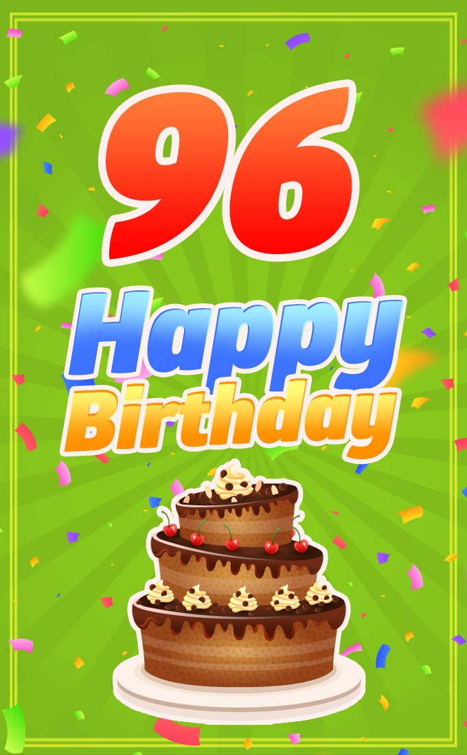 Happy 96th Birthday picture with cartoon chocolate cake (tall rectangle shape picture)