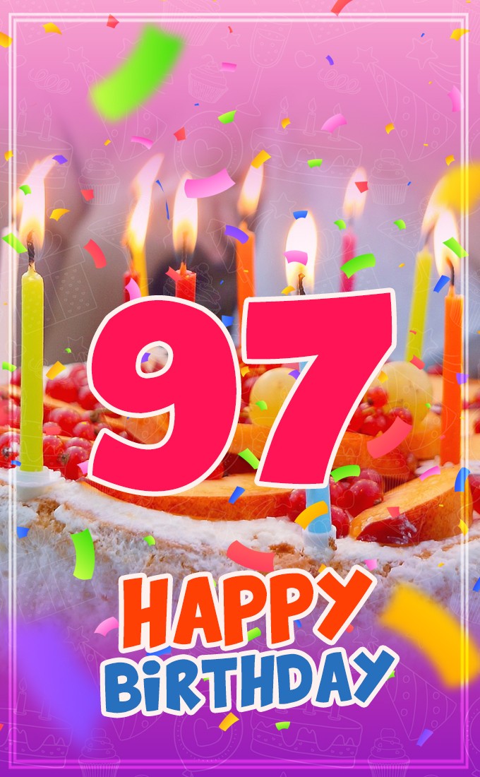 Happy 97th Birthday image with cake and candles (tall rectangle shape picture)