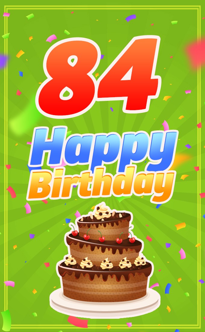 Happy 84th Birthday image with cartoon chocolate cake (tall rectangle shape picture)