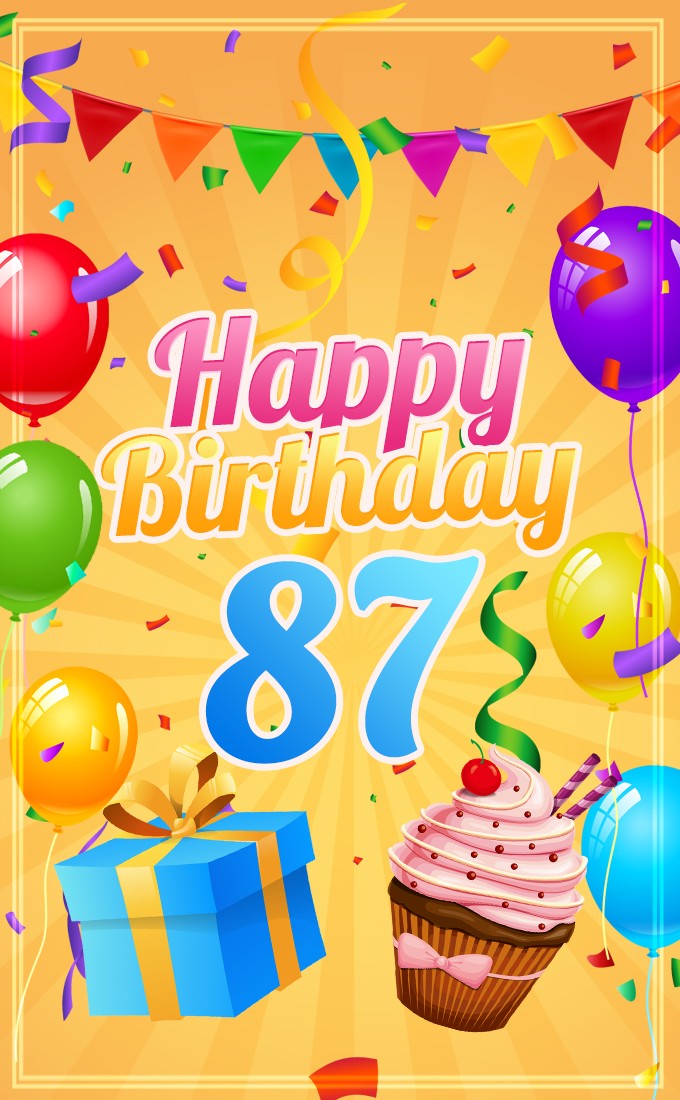 Happy 87th Birthday image with cupcake and gift box (tall rectangle shape picture)