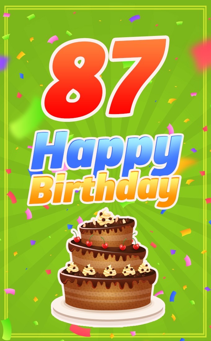 Happy 87th Birthday image with cartoon chocolate cake (tall rectangle shape picture)