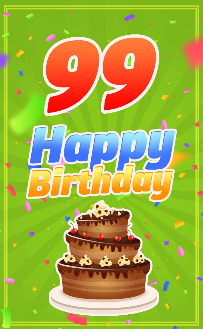 Happy 99th Birthday image with cartoon chocolate cake (tall rectangle shape picture)