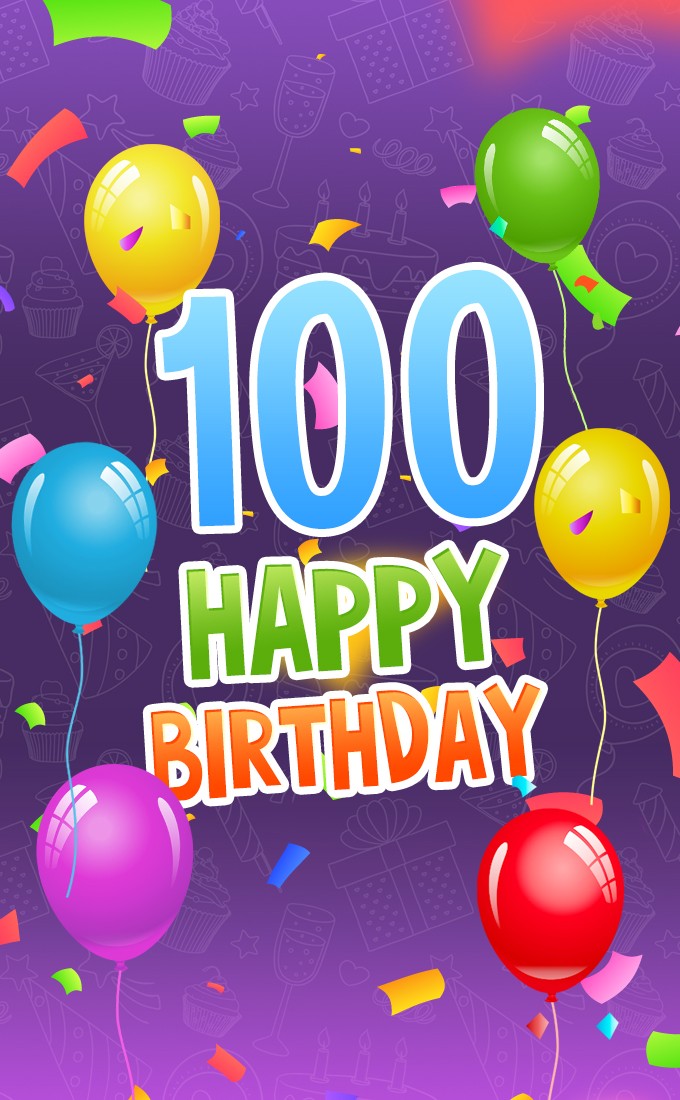 Happy 100th Birthday picture with colorful balloons (tall rectangle shape picture)