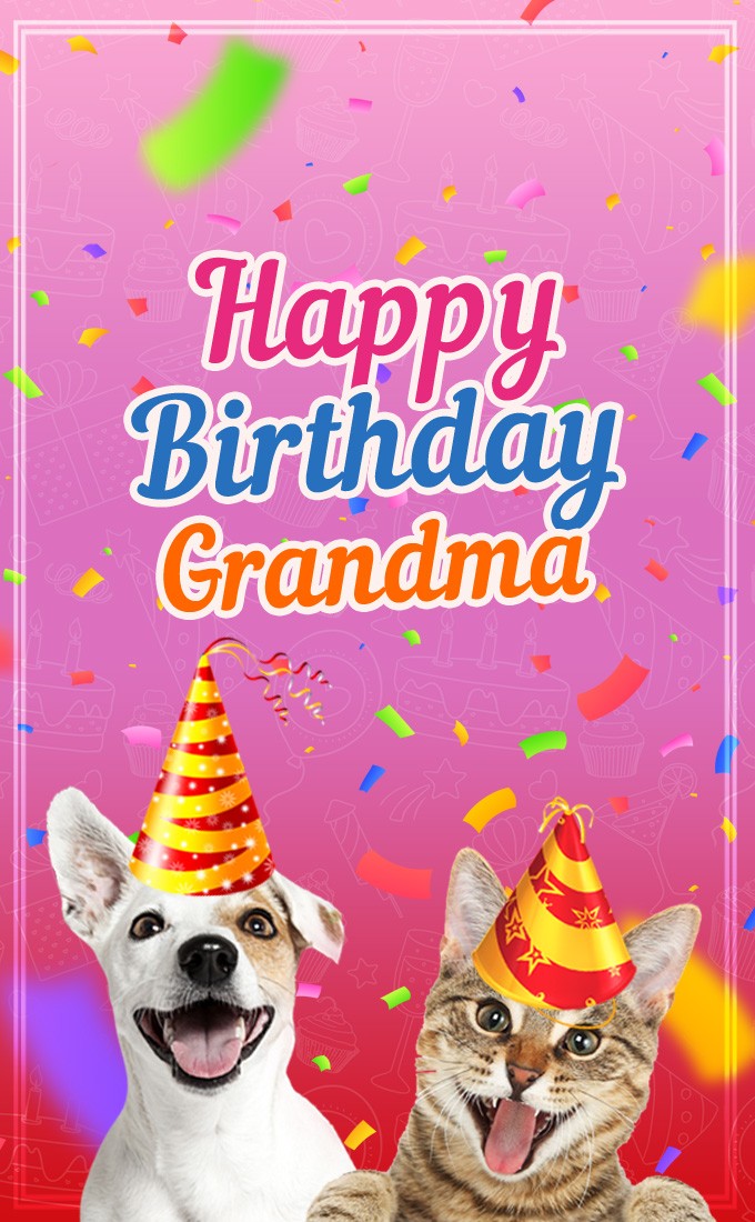 Happy Birthday Grandma funny vertical tall image with animals (tall rectangle shape picture)