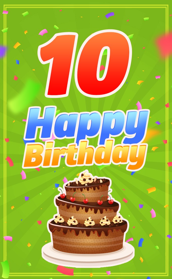 Happy 10th Birthday Picture with cartoon cake (tall rectangle shape picture)