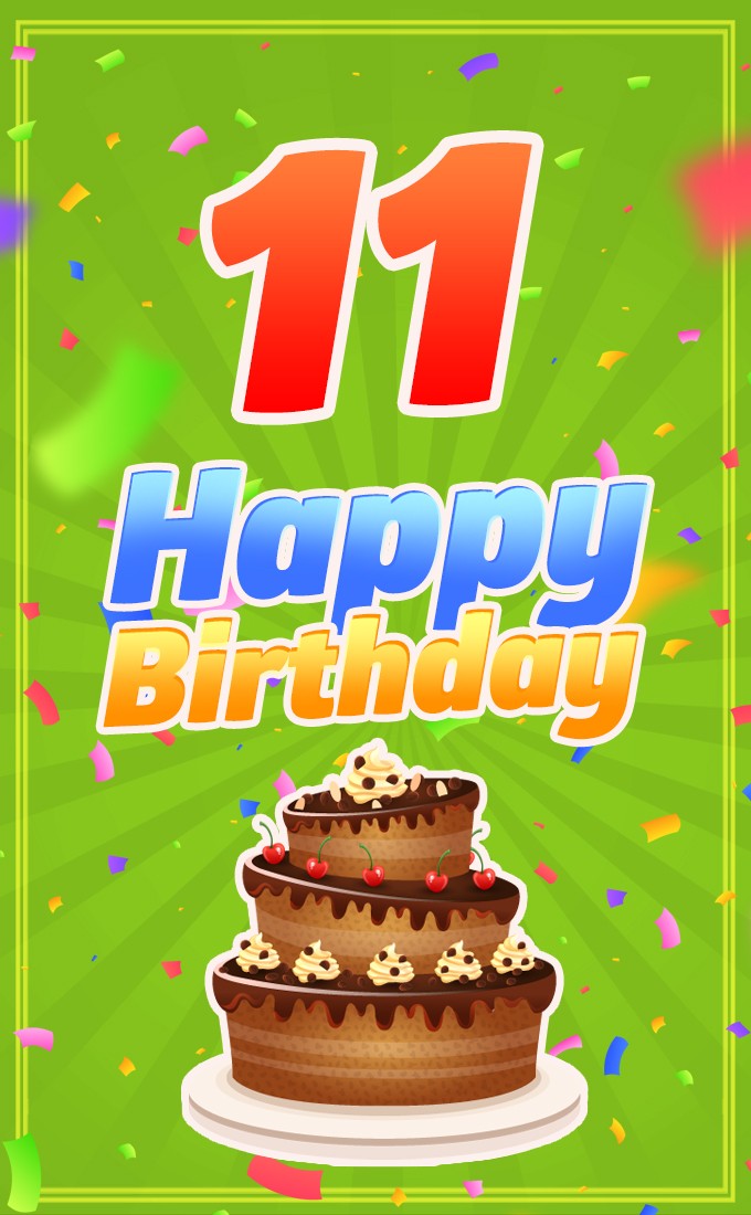 Happy 11th Birthday Picture with cartoon cake (tall rectangle shape picture)