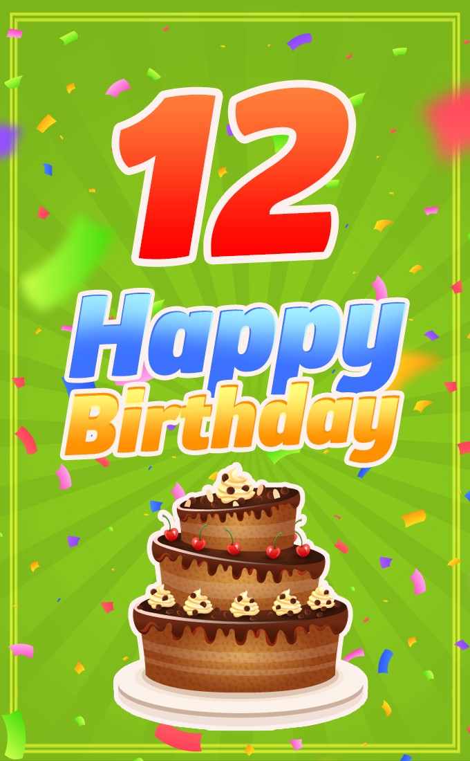 Happy 12th Birthday picture with cartoon cake (tall rectangle shape picture)