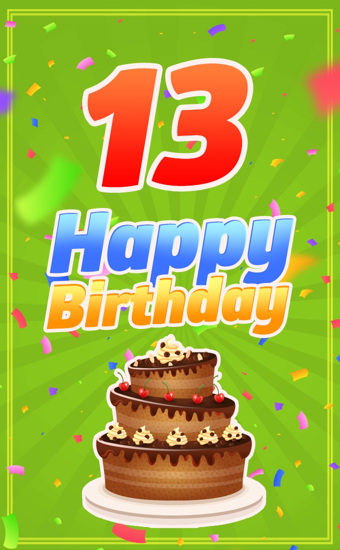 Happy 13th Birthday image with cartoon cake on green background (tall rectangle shape picture)