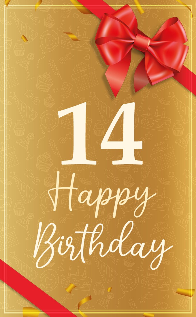 Happy 14th Birthday Image with red bow (tall rectangle shape picture)