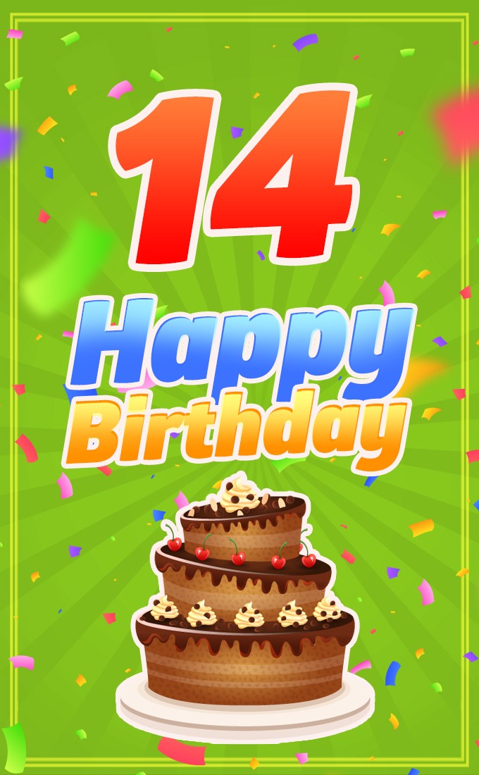 Happy 14th Birthday Picture with cartoon cake (tall rectangle shape picture)