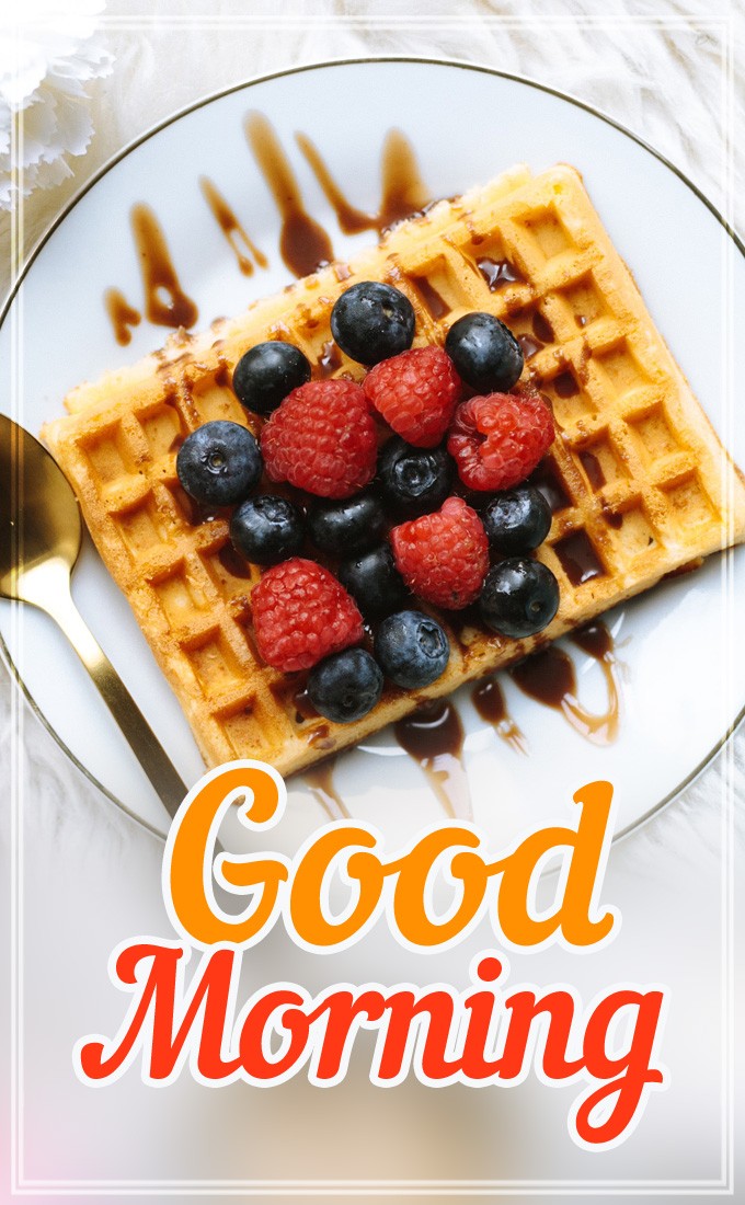 Good Morning vertical tall image with delicious waffles (tall rectangle shape picture)