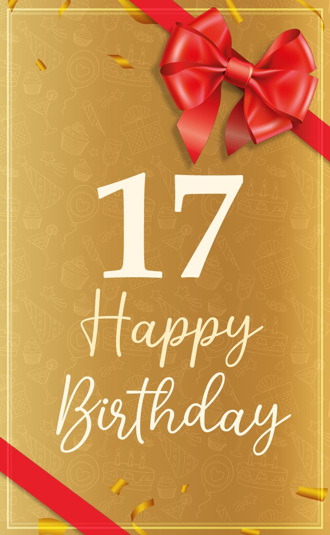 Happy 17th Birthday Image with red bow and ribbon (tall rectangle shape picture)