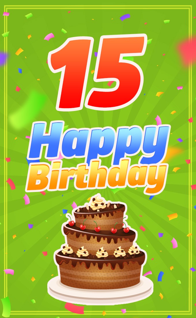 Happy 15th Birthday image with cartoon cake (tall rectangle shape picture)